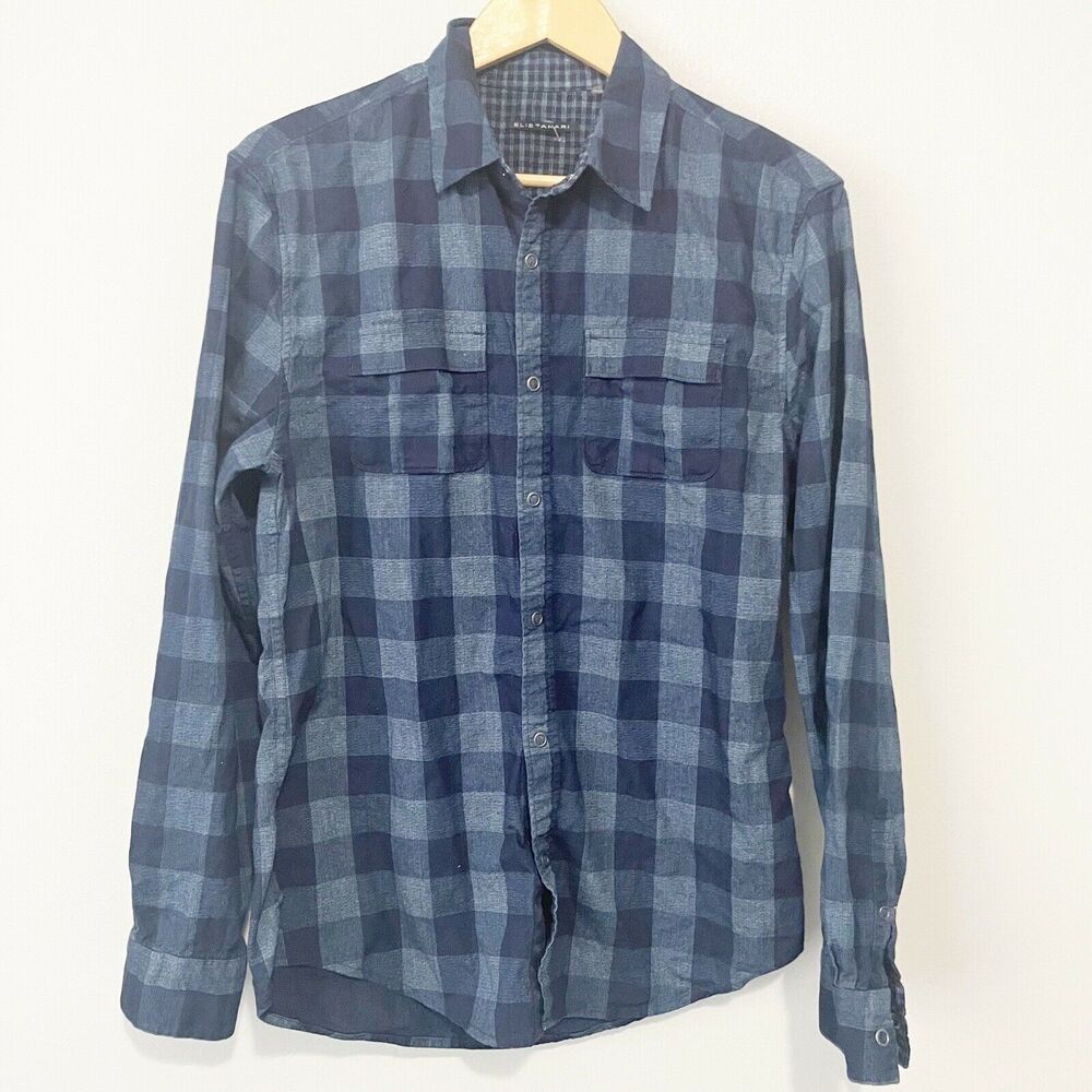 elie tahari mens blue plaid button down top snaps pockets size small Cotton